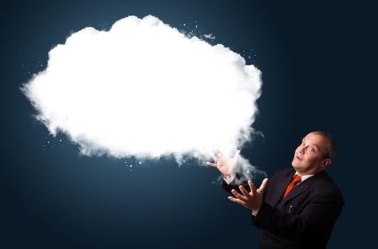 Crazy businessman in suit presenting abstract cloud copy space