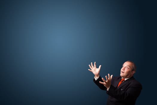 funny businessman in suit gesturing with copy space