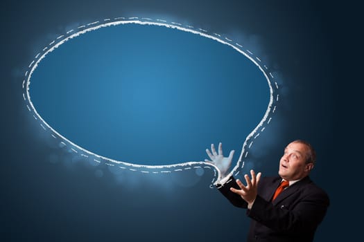 funny businessman in suit presenting speech bubble copy space