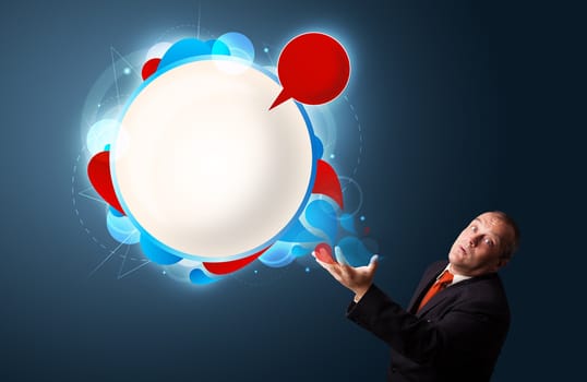 funny businessman in suit presenting abstract modern speech bubble copy space