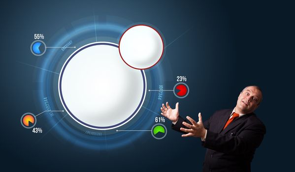 funny businessman in suit presenting abstract modern pie chart with copy space