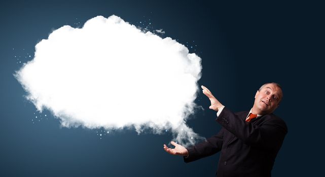 Crazy businessman in suit presenting abstract cloud copy space