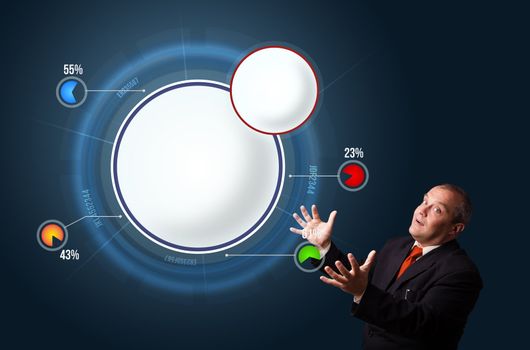 funny businessman in suit presenting abstract modern pie chart with copy space