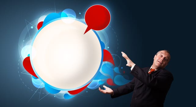 funny businessman in suit presenting abstract modern speech bubble copy space