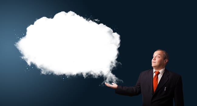 businessman in suit presenting abstract cloud copy space