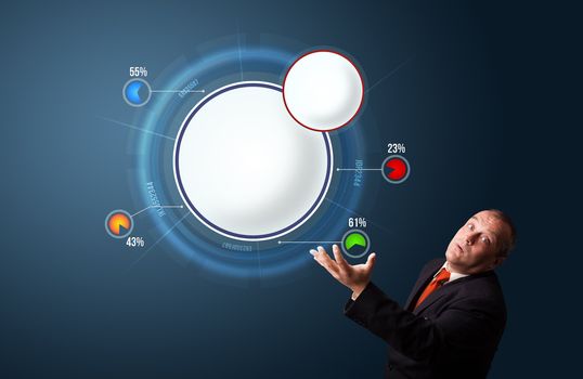 funny businessman in suit presenting abstract modern pie chart with copy space