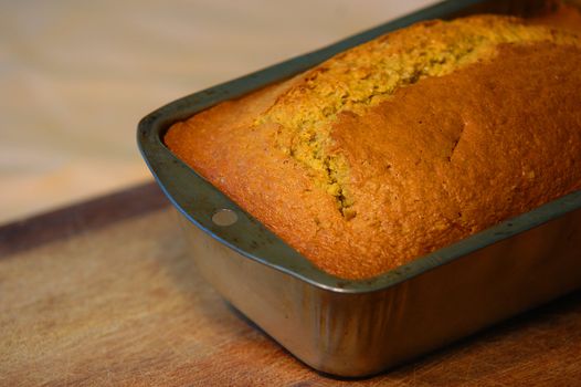 Freashly baked Homemade banana bread in tin