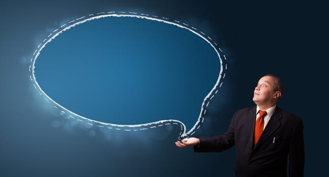 funny businessman in suit presenting speech bubble copy space