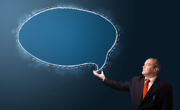 businessman in suit presenting speech bubble copy space