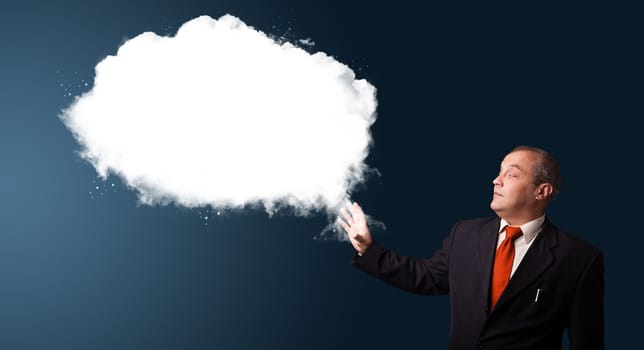 businessman in suit presenting abstract cloud copy space