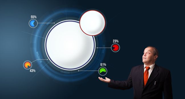 businessman in suit presenting abstract modern pie chart with copy space