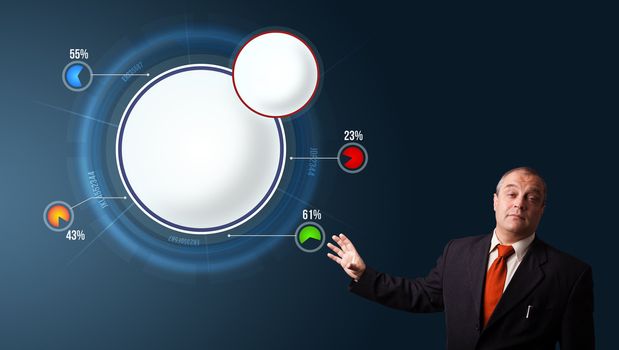 businessman in suit presenting abstract modern pie chart with copy space