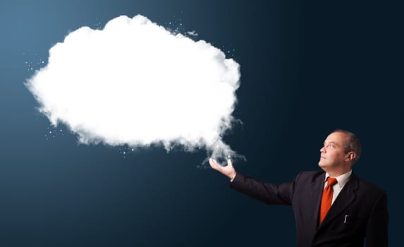 businessman in suit presenting abstract cloud copy space