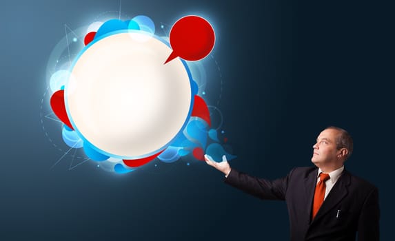 businessman in suit presenting abstract modern copy space