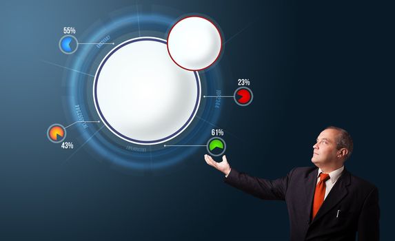 businessman in suit presenting abstract modern pie chart with copy space