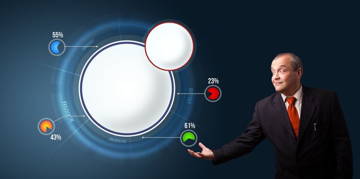 businessman in suit presenting abstract modern pie chart with copy space