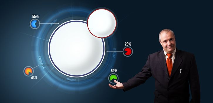 businessman in suit presenting abstract modern pie chart with copy space