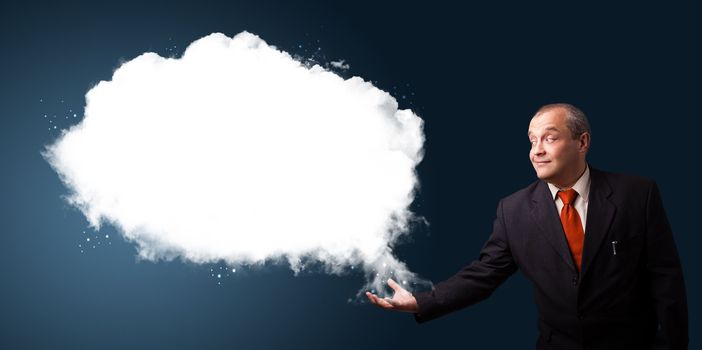 businessman in suit presenting abstract cloud copy space