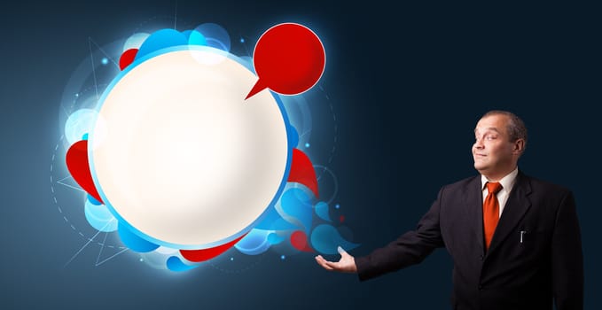 businessman in suit presenting abstract modern copy space
