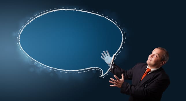 funny businessman in suit presenting speech bubble copy space