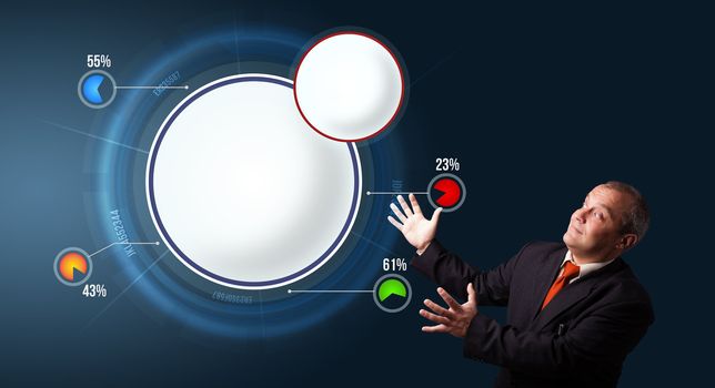 businessman in suit presenting abstract modern pie chart with copy space