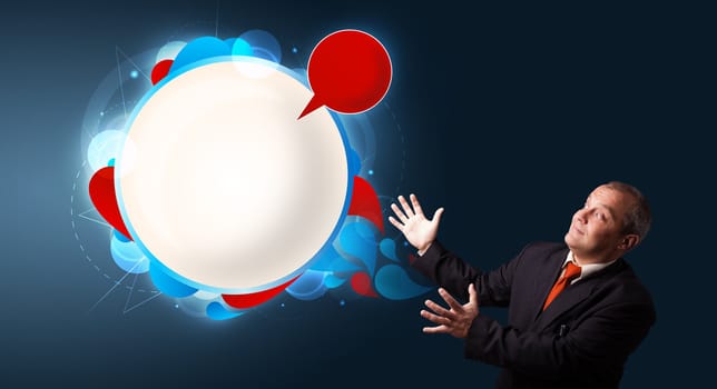 businessman in suit presenting abstract modern copy space