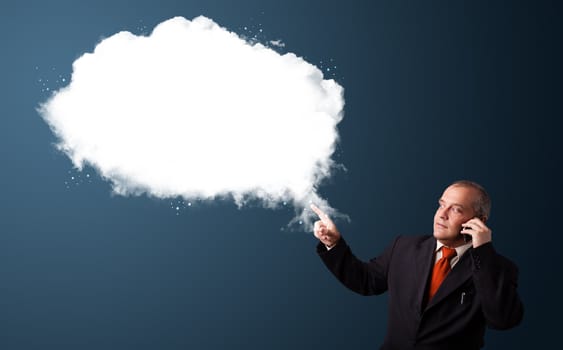 Businessman in suit making phone call and presenting abstract cloud copy space