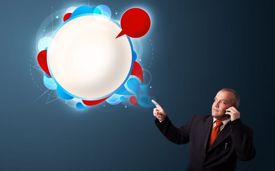 businessman in suit making phone call and presenting abstract modern speech bubble with copy space