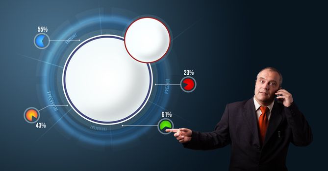 Businessman in suit making phone call and presenting abstract modern pie chart with copy space
