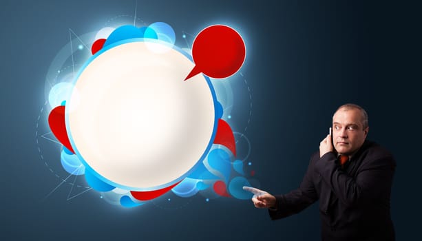 businessman in suit making phone call and presenting abstract modern speech bubble with copy space