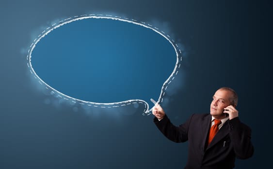 businessman in suit making phone call and presenting speech bubble copy space