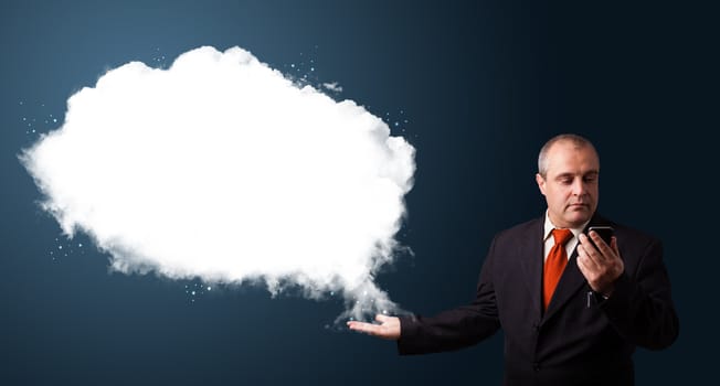 Businessman in suit making phone call and presenting abstract cloud copy space