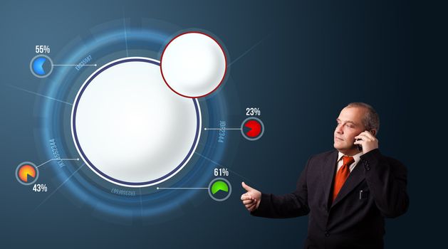 Businessman in suit making phone call and presenting abstract modern pie chart with copy space