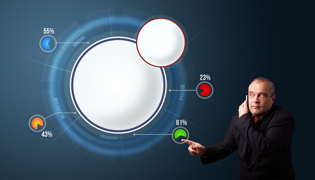 Businessman in suit making phone call and presenting abstract modern pie chart with copy space
