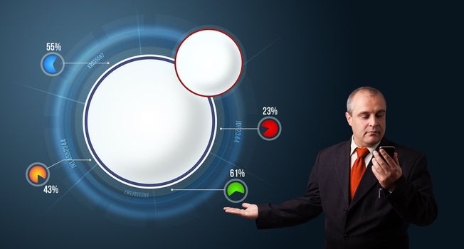 Businessman in suit making phone call and presenting abstract modern pie chart with copy space