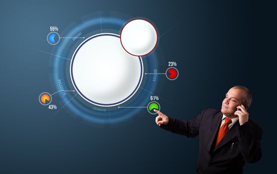 Businessman in suit making phone call and presenting abstract modern pie chart with copy space
