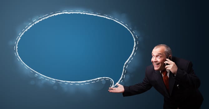 funny businessman in suit holding a phone and presenting speech bubble copy space