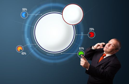 Businessman in suit making phone call and presenting abstract modern pie chart with copy space