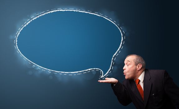 crazy businessman in suit presenting speech bubble copy space