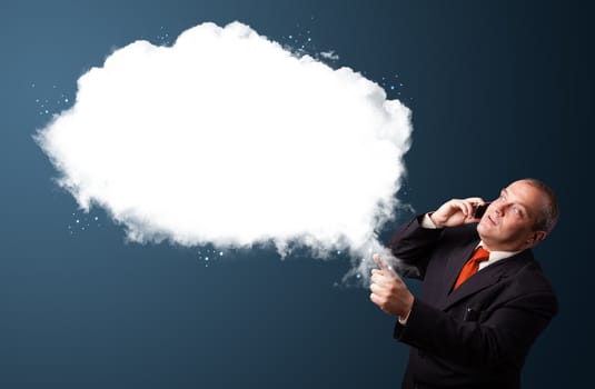Businessman in suit making phone call and presenting abstract cloud copy space