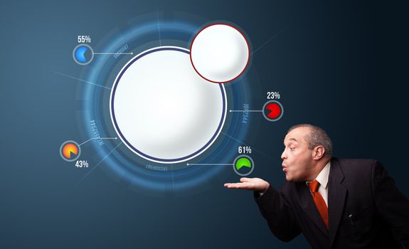 funny businessman in suit presenting abstract modern pie chart with copy space