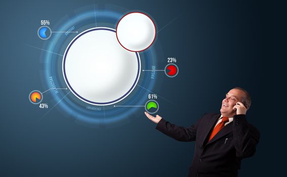Businessman in suit making phone call and presenting abstract modern pie chart with copy space