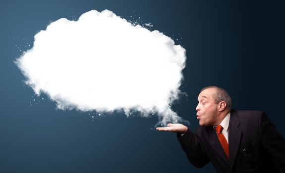 Crazy businessman in suit presenting abstract cloud copy space