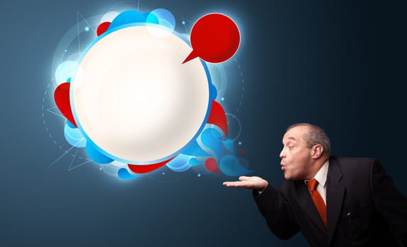 funny businessman in suit presenting abstract modern speech bubble copy space