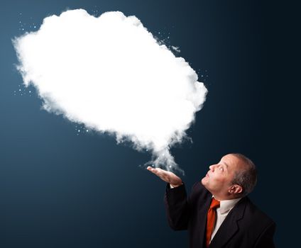 Crazy businessman in suit presenting abstract cloud copy space