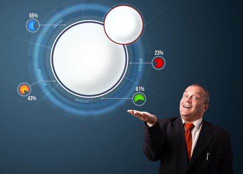 funny businessman in suit presenting abstract modern pie chart with copy space