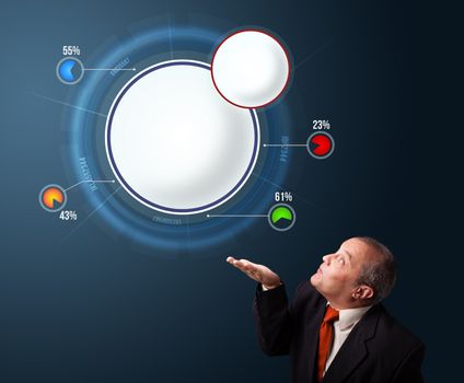 funny businessman in suit presenting abstract modern pie chart with copy space