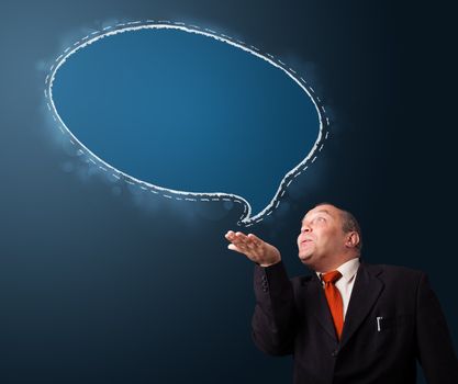 crazy businessman in suit presenting speech bubble copy space