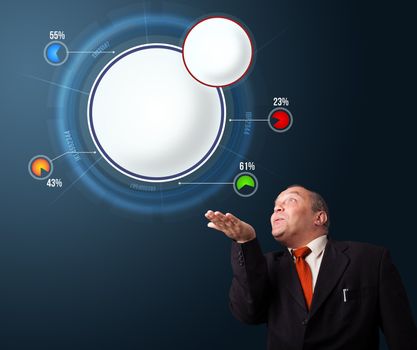 funny businessman in suit presenting abstract modern pie chart with copy space