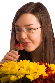 Secretary, assistant or student woman smelling valentine or gift flowers isolated on white and looking right